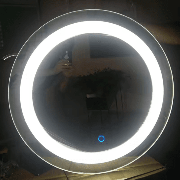 Smart Circular LED Bathroom Mirror with Time Display and Ambient Lighting