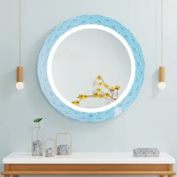 Round LED Mirror with Blue Wave Design | Modern, Stylish Illumination for Bathroom or Living Room