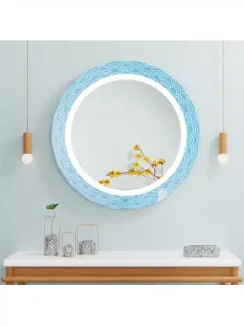 Round LED Mirror with Blue Wave Design | Modern, Stylish Illumination for Bathroom or Living Room