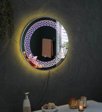 LuxeCircle™ Patterned LED Mirror India – Dual Glow Round Mirror with Etched Design and Touch Control