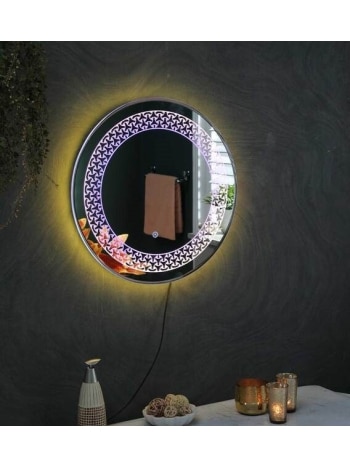 LuxeCircle™ Patterned LED Mirror India – Dual Glow Round Mirror with Etched Design and Touch Control