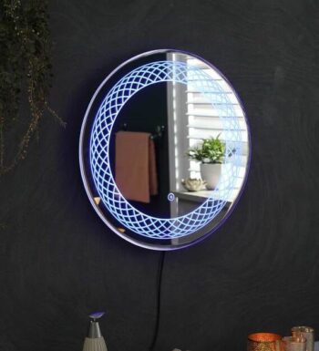 HypnoGlow™ Designer LED Mirror India – Round Artistic Etched Mirror with Blue Light Web Pattern