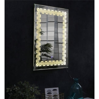 GeoGlow™ Geometric LED Mirror India – Rectangular Mirror with Golden Triangle Grid Lighting
