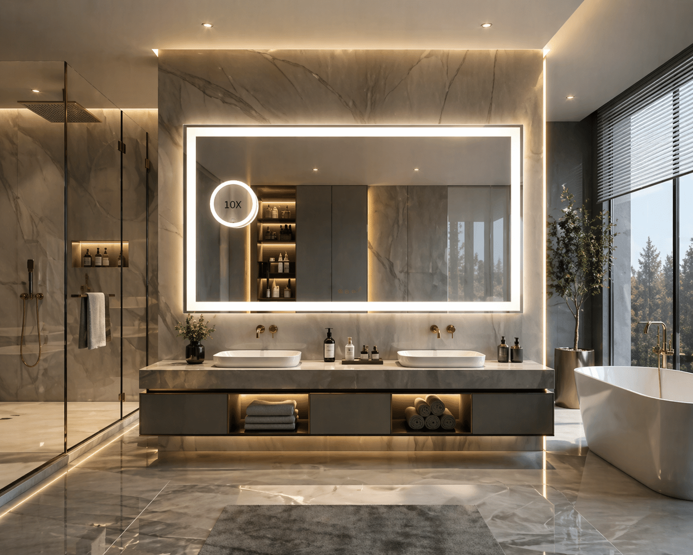 Large LED Vanity Mirror with Dual Sink Setup