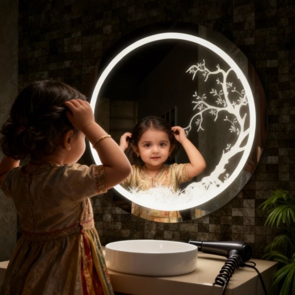 Circular LED Mirror with Artistic Tree Design and Ambient Lighting 3