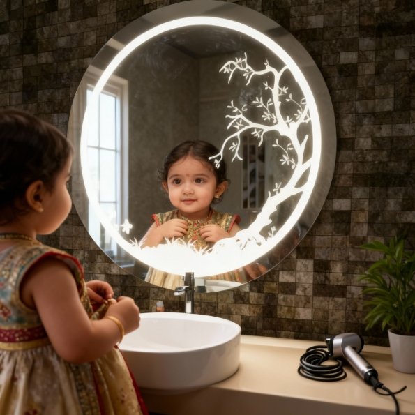 Circular LED Mirror with Artistic Tree Design and Ambient Lighting 2