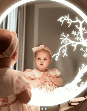 Circular LED Mirror with Artistic Tree Design and Ambient Lighting 1