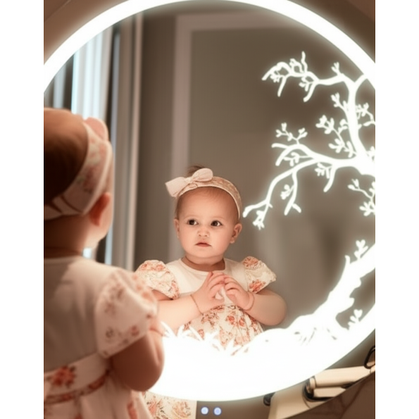 Circular LED Mirror with Artistic Tree Design and Ambient Lighting 1