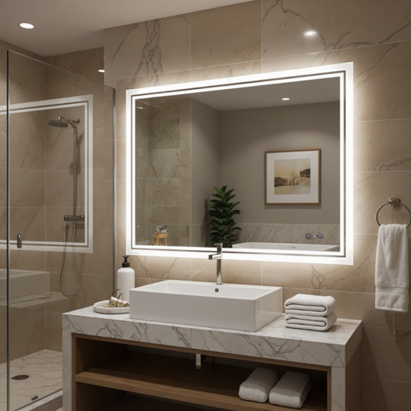 Rectangular LED Mirror with Backlit Edge for Modern Bathrooms