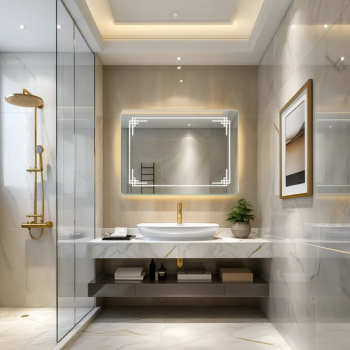 Rectangular LED Mirror with Geometric Corner Design and Digital Display for Modern Bathrooms 3