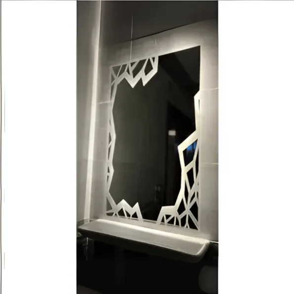Crystal Cut Frosted LED Mirror – Geometric Border Design