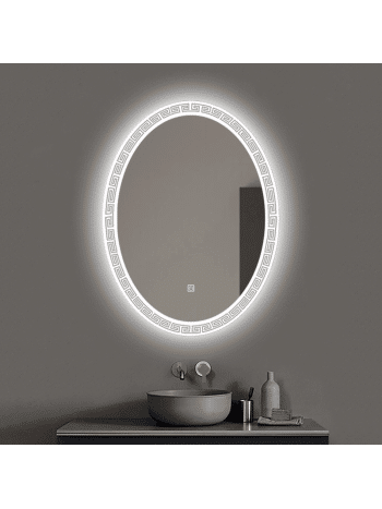 Oval LED Mirror with Greek Key Border – Touch Sensor