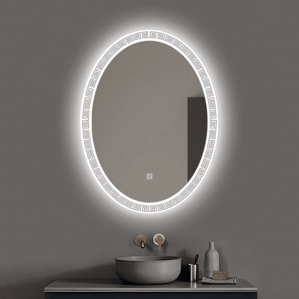 Oval LED Mirror with Greek Key Border – Touch Sensor