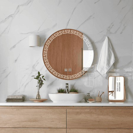 Round LED Mirror with Greek Key Frame & Digital Display