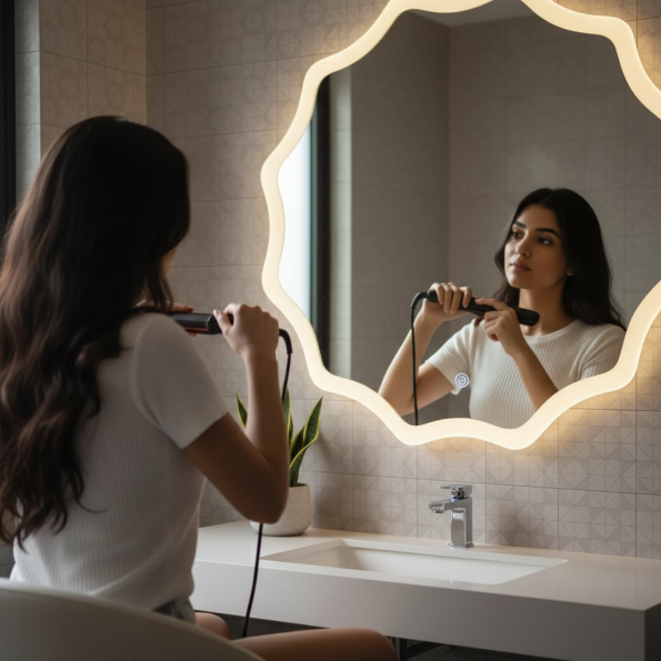 Wavy LED Backlit Mirror – Designer Flower Shape for Bathrooms 1