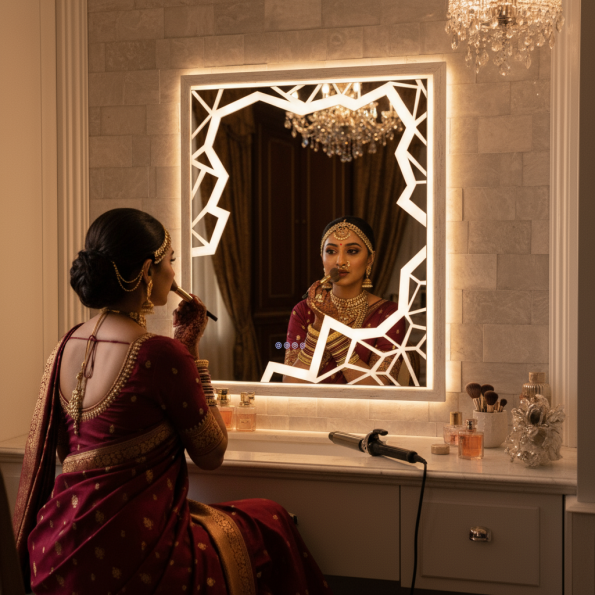 Crystal Cut Frosted LED Mirror – Geometric Border Design 1