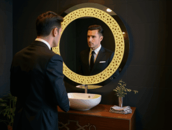 Decorative Round LED Mirror with Warm Backlit Pattern 4