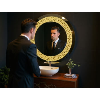 Decorative Round LED Mirror with Warm Backlit Pattern 4
