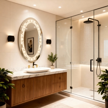 Oval Shaped Wash Basin LED Mirror with Floral Design 1