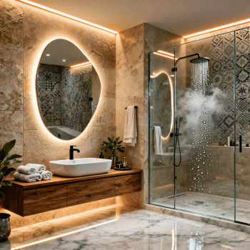 Luxury Bathroom Design with Oval LED Mirror & Warm Ambient Lighting