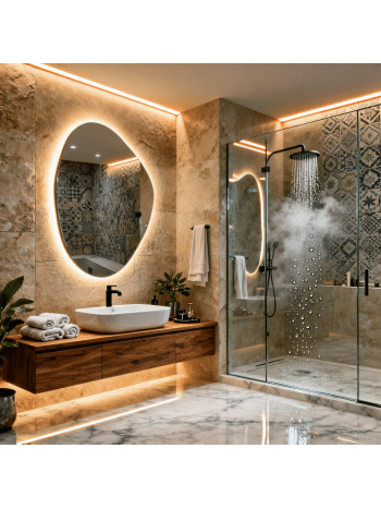 Luxury Bathroom Design with Oval LED Mirror & Warm Ambient Lighting