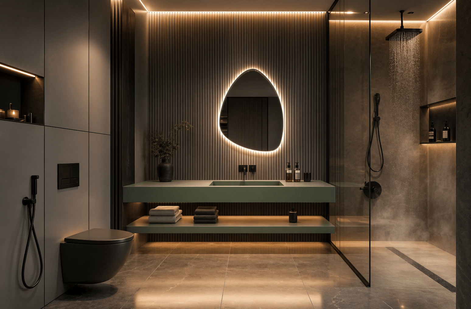 Ultra-Luxury Bathroom with Asymmetric LED Mirror & Ambient Lighting
