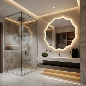 Luxury Bathroom with Designer Irregular LED Mirror & Warm Lighting