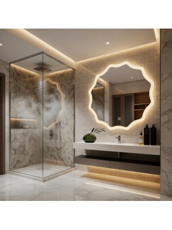 Luxury Bathroom with Designer Irregular LED Mirror & Warm Lighting