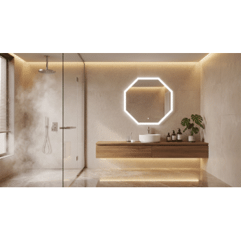 Modern Bathroom with Geometric LED Mirror & Warm Ambient Lighting