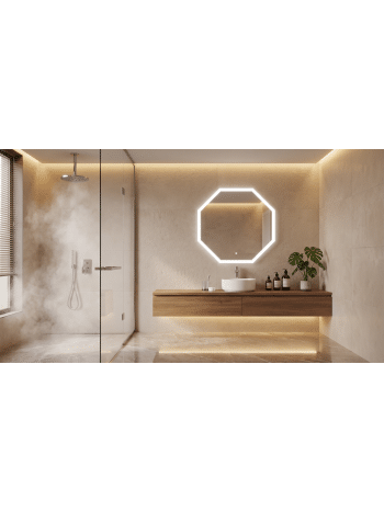 Modern Bathroom with Geometric LED Mirror & Warm Ambient Lighting
