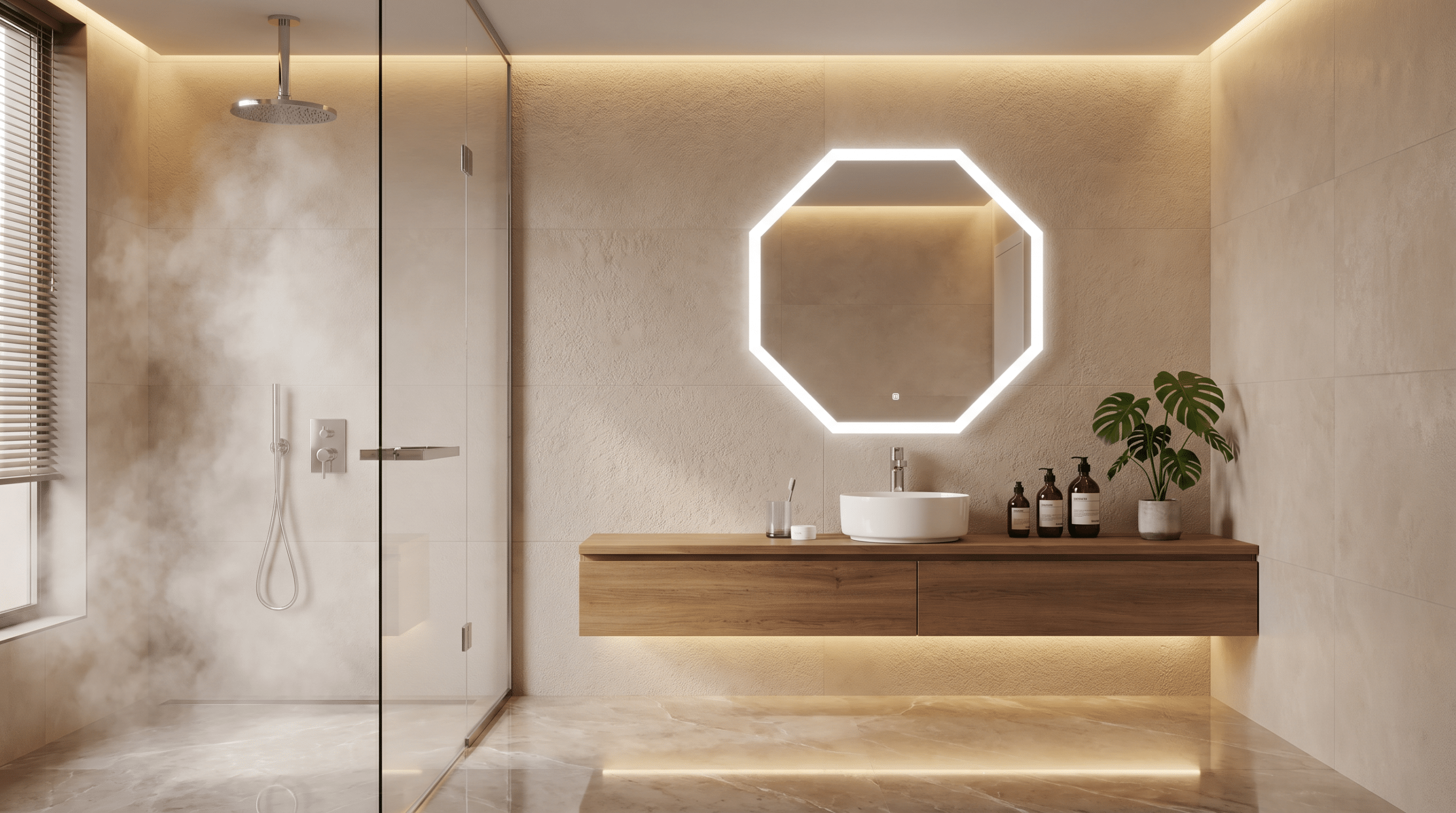 Modern Bathroom with Geometric LED Mirror & Warm Ambient Lighting