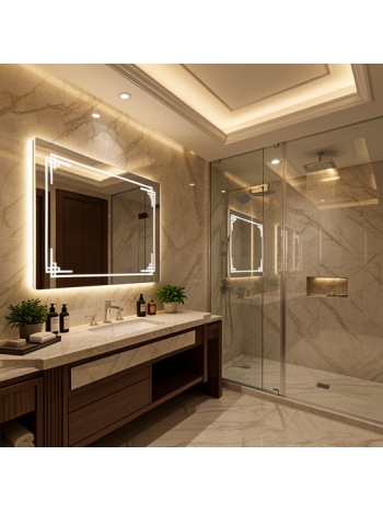 Square LED Mirror with Geometric Corner Light Design