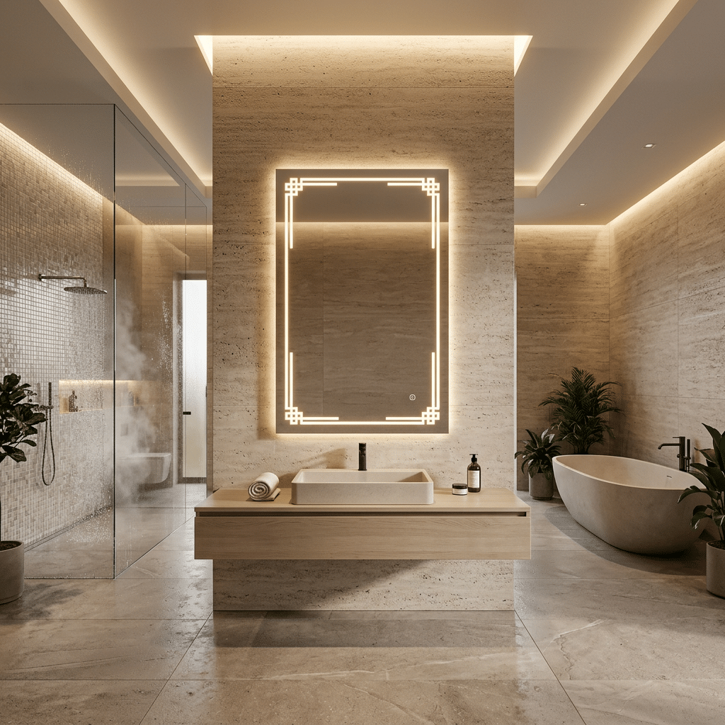 Modern LED Mirror with Geometric Corner Lighting Design