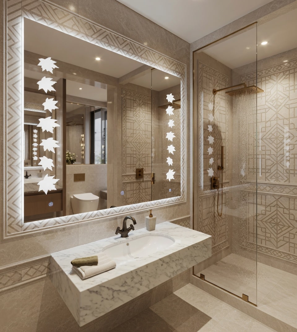 Elegant Bathroom Vanity with Ornamental Backlit LED Mirror
