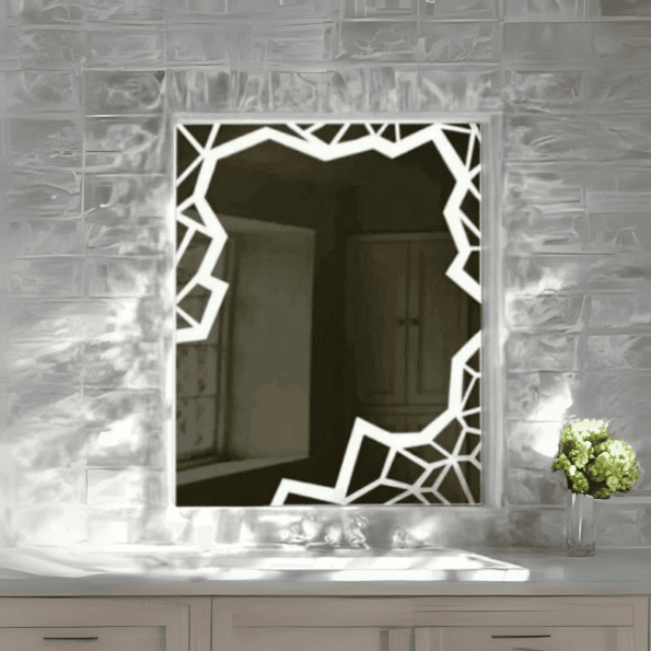 Crystal Cut Frosted LED Mirror – Geometric Border Design