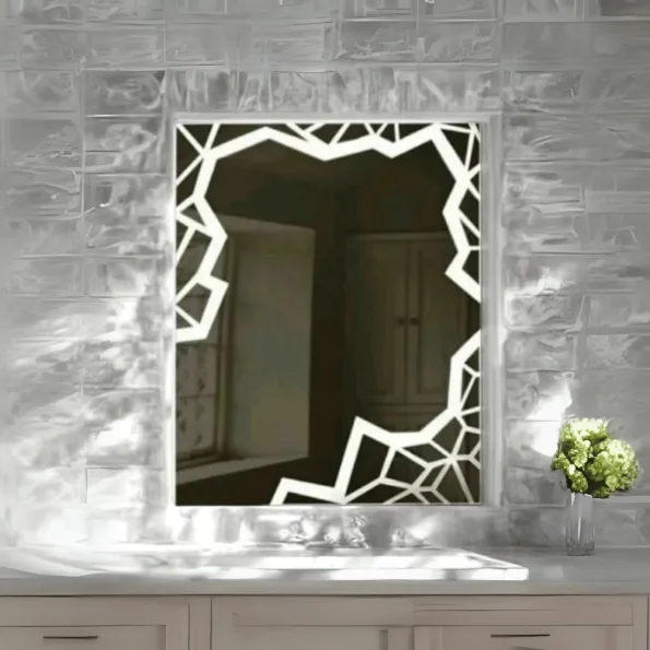 Crystal Cut Frosted LED Mirror – Geometric Border Design