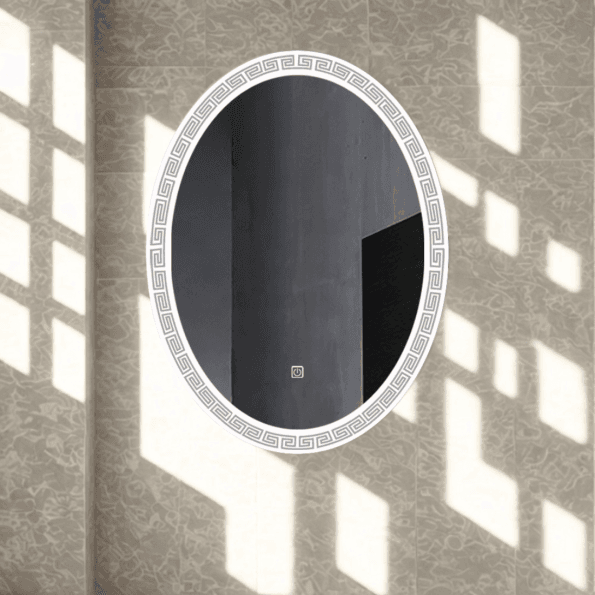 Oval LED Mirror with Greek Key Border – Touch Sensor