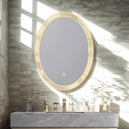 Oval LED Mirror with Greek Key Border – Touch Sensor