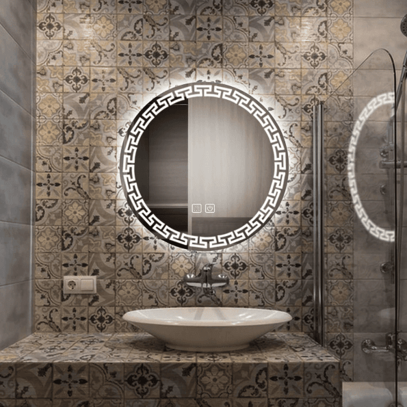 Round LED Mirror with Greek Key Frame & Digital Display
