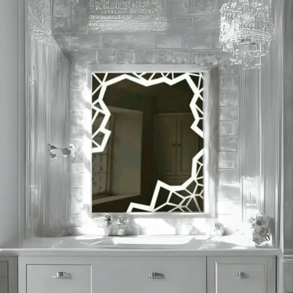 Crystal Cut Frosted LED Mirror – Geometric Border Design