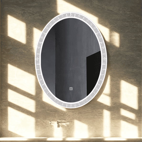 Oval LED Mirror with Greek Key Border – Touch Sensor