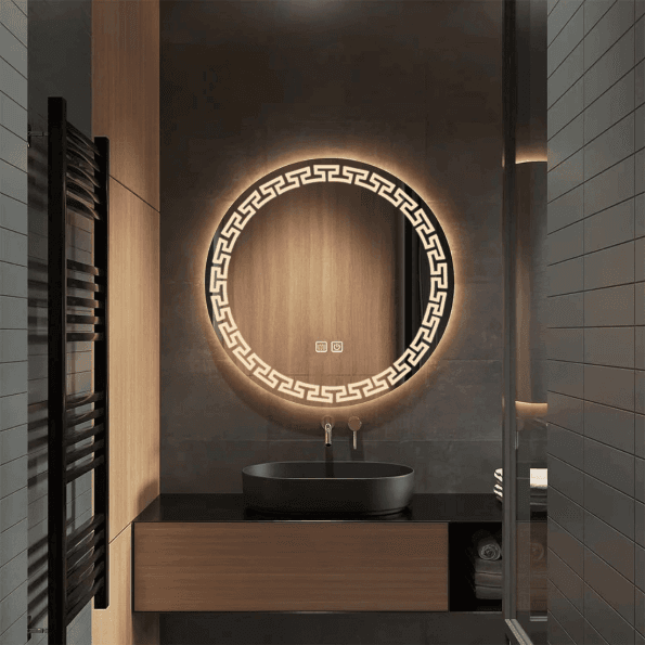 Round LED Mirror with Greek Key Frame & Digital Display