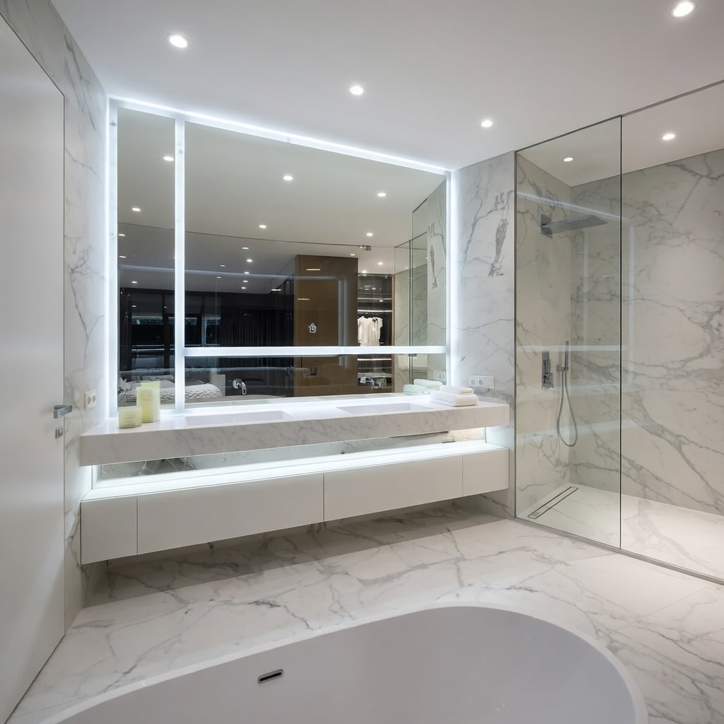 Luxury Marble Bathroom with Full-Length LED Mirror Wall