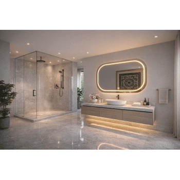 Modern Luxury Bathroom with Rounded Rectangle LED Mirror & Ambient Lighting
