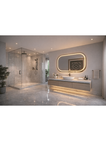 Modern Luxury Bathroom with Rounded Rectangle LED Mirror & Ambient Lighting