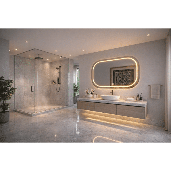 Modern Luxury Bathroom with Rounded Rectangle LED Mirror & Ambient Lighting