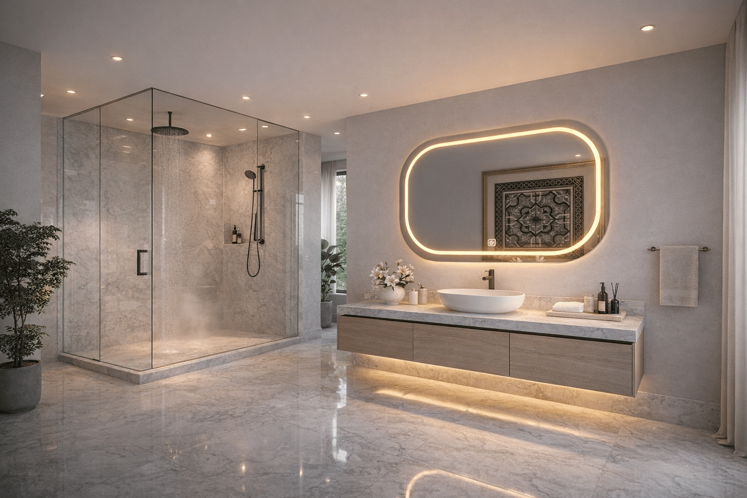 Modern Luxury Bathroom with Rounded Rectangle LED Mirror & Ambient Lighting