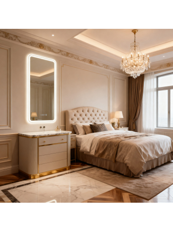 Luxury Bedroom Interior with Classic LED Mirror & Gold Accent Vanity