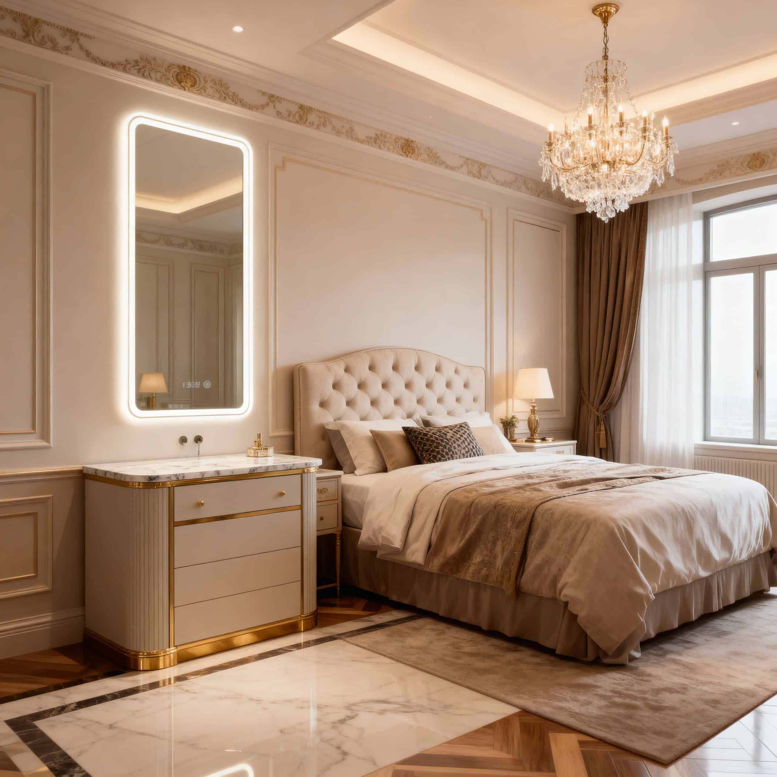Luxury Bedroom Interior with Classic LED Mirror & Gold Accent Vanity