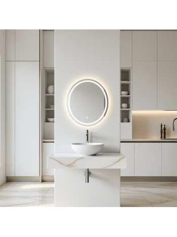 Minimalist Bathroom Vanity with Round LED Mirror & Soft Backlighting